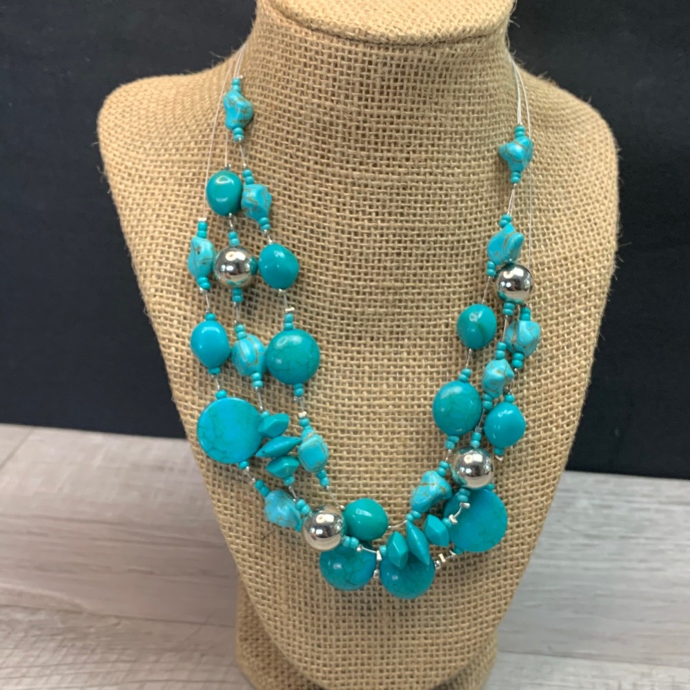 Chico's Turquoise Blue Multi Strand Beaded Statement Necklace Silver Tone 5613